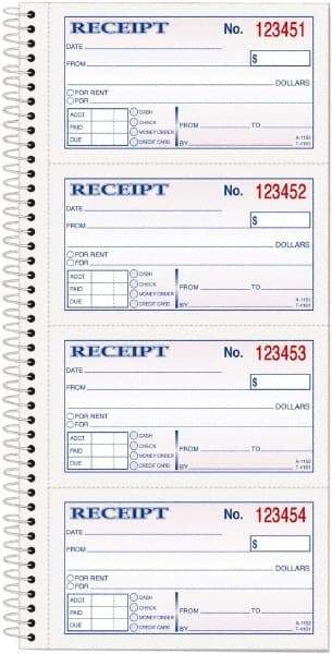 TOPS - 200 Sheet, 2-3/4 x 4-3/4", Receipt Book - White - USA Tool & Supply