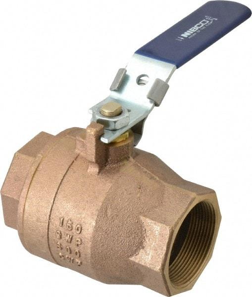 NIBCO - 2" Pipe, Full Port, Bronze Standard Ball Valve - 2 Piece, Inline - One Way Flow, FNPT x FNPT Ends, Locking Lever Handle, 600 WOG, 150 WSP - USA Tool & Supply