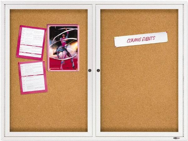 Quartet - 48" Wide x 36" High Enclosed Cork Bulletin Board - Natural Cork over Fiberboard, Aluminum Frame - USA Tool & Supply