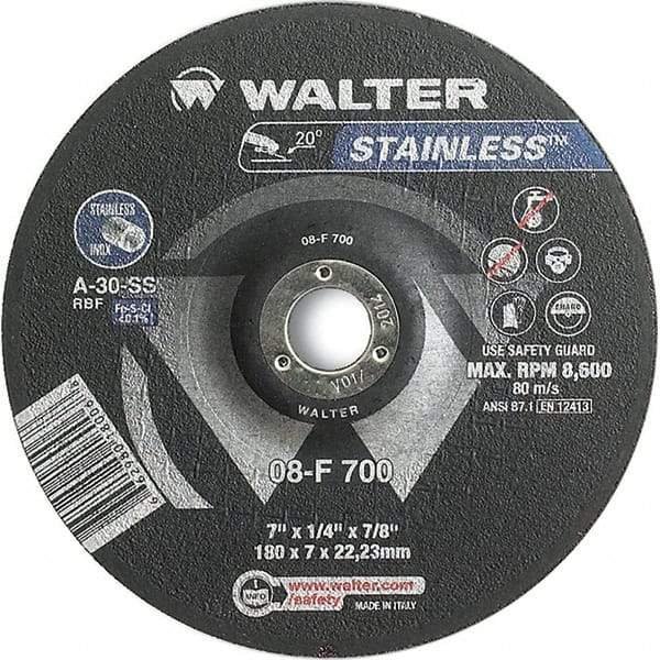 WALTER Surface Technologies - 30 Grit, 7" Wheel Diam, 1/4" Wheel Thickness, 7/8" Arbor Hole, Type 27 Depressed Center Wheel - Aluminum Oxide, Resinoid Bond, 8,600 Max RPM - USA Tool & Supply
