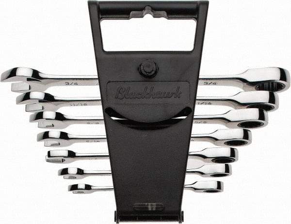 Blackhawk by Proto - 7 Piece, 3/8" to 3/4", Nonreversible Ratcheting Combination Wrench Set - Inch Measurement Standard, Full Polish Finish, Comes in Canvas Roll - USA Tool & Supply