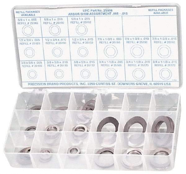 Precision Brand - 150 Piece, Steel Arbor Shim - 5/8 to 1-1/2 Inch Outside Diameter - USA Tool & Supply