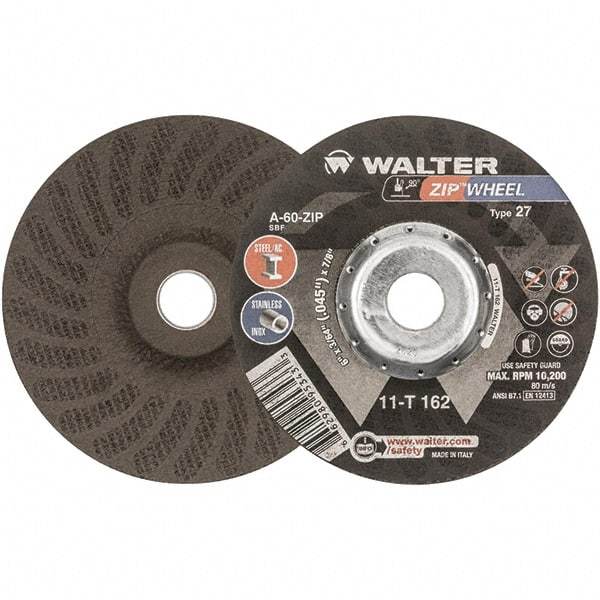 WALTER Surface Technologies - 60 Grit, 6" Wheel Diam, 3/64" Wheel Thickness, 7/8" Arbor Hole, Type 27 Depressed Center Wheel - Aluminum Oxide, Resinoid Bond, 10,200 Max RPM - USA Tool & Supply