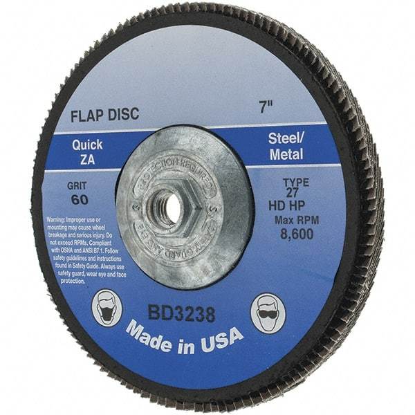 Value Collection - 60 Grit, 7" Disc Diam, 5/8-11 Center Hole, Type 29 Zirconia Alumina Flap Disc - Arbor Attaching System, Coated - USA Tool & Supply