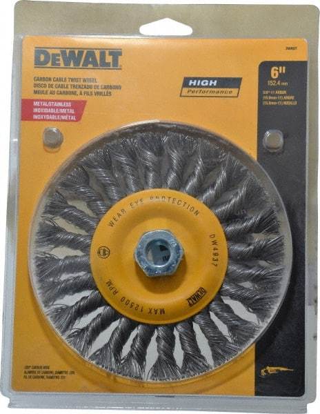 DeWALT - 6" OD, 5/8" Arbor Hole, Knotted Steel Wheel Brush - 0.025" Filament Diam, 12,500 RPM - USA Tool & Supply