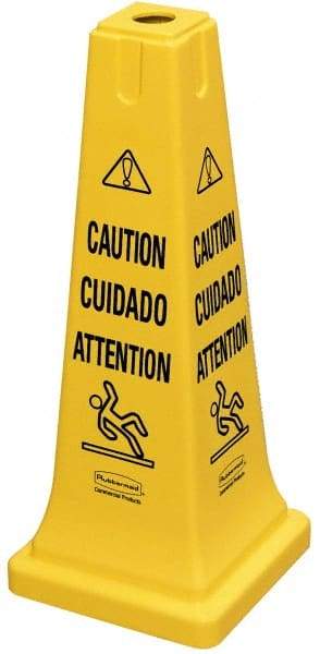 Rubbermaid - Caution, 10-1/2" Wide x 25-3/4" High, Plastic Floor Sign - Cone, Black on Yellow, For Accident Prevention - USA Tool & Supply