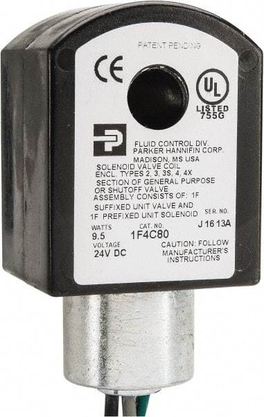 Parker - 24 Volt, 18 Coil Lead Length, Class F, Solenoid Coil - 9.5 Watt, NEMA 4X Enclosure, Use with Parker Skinner Gold Ring Series Valves - USA Tool & Supply