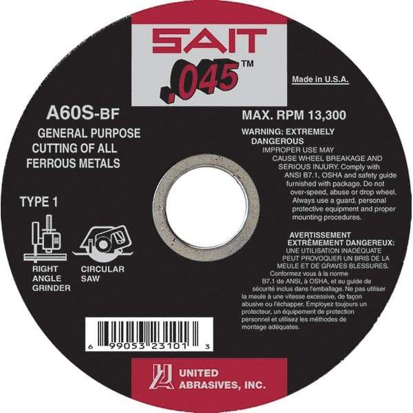 Sait - 6" 60 Grit Aluminum Oxide Cutoff Wheel - 0.045" Thick, 5/8" Arbor, 10,200 Max RPM, Use with Angle Grinders - USA Tool & Supply