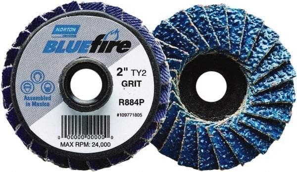 Norton - 40 Grit, 3" Disc Diam, Type 27 Zirconia Alumina Flap Disc - 30,000 Max RPM, Fiberglass Backing, Quick Change Type S Attaching System, Coated - USA Tool & Supply