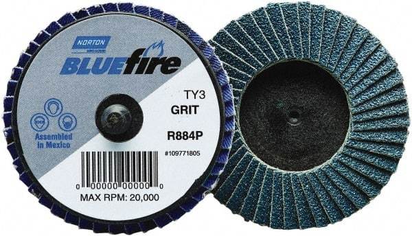 Norton - 40 Grit, 2" Disc Diam, Type 27 Zirconia Alumina Flap Disc - 30,000 Max RPM, Fiberglass Backing, Quick Change Type R Attaching System, Coated - USA Tool & Supply