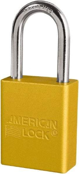 American Lock - Keyed Different Conductive Lockout Padlock - 1-1/2" Shackle Clearance, 1/4" Shackle Diam, 1.8" Body Height x 3/4" Body Width, Yellow, 6 Pins - USA Tool & Supply