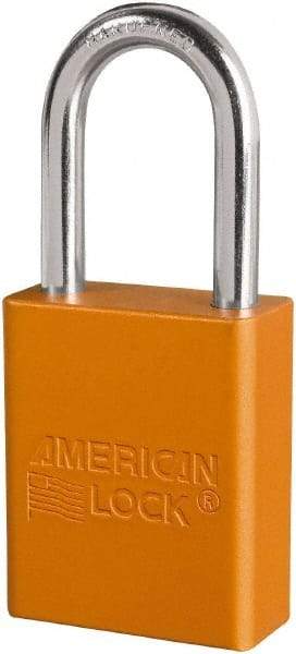American Lock - Keyed Different Conductive Lockout Padlock - 1-1/2" Shackle Clearance, 1/4" Shackle Diam, 1.8" Body Height x 3/4" Body Width, Orange, 6 Pins - USA Tool & Supply