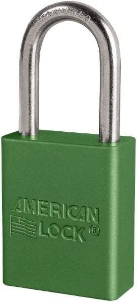 American Lock - Keyed Different Conductive Lockout Padlock - 1-1/2" Shackle Clearance, 1/4" Shackle Diam, 1.8" Body Height x 3/4" Body Width, Green, 6 Pins - USA Tool & Supply