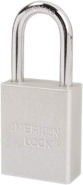 American Lock - Keyed Different Conductive Lockout Padlock - 1-1/2" Shackle Clearance, 1/4" Shackle Diam, 1.8" Body Height x 1-1/2" Body Width, Silver, 6 Pins - USA Tool & Supply