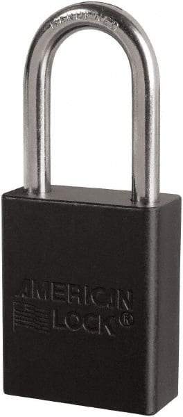 American Lock - Keyed Different Conductive Lockout Padlock - 1-1/2" Shackle Clearance, 1/4" Shackle Diam, 1.8" Body Height x 3/4" Body Width, Black, 6 Pins - USA Tool & Supply