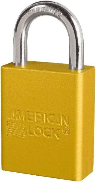 American Lock - Keyed Different Conductive Lockout Padlock - 1" Shackle Clearance, 1/4" Shackle Diam, 1.8" Body Height x 3/4" Body Width, Yellow, 6 Pins - USA Tool & Supply