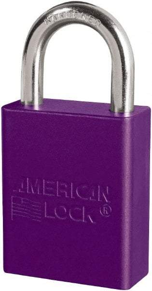 American Lock - Keyed Different Conductive Lockout Padlock - 1" Shackle Clearance, 1/4" Shackle Diam, 1.8" Body Height x 3/4" Body Width, Purple, 6 Pins - USA Tool & Supply