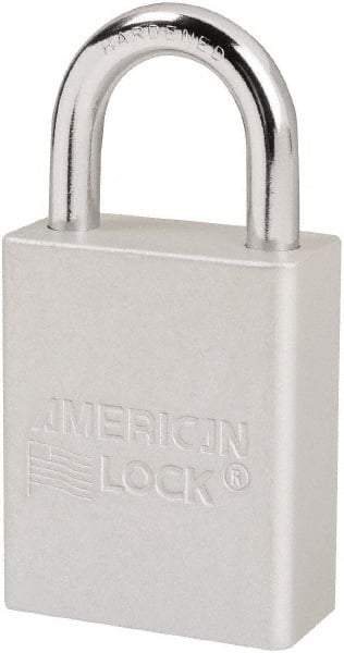 American Lock - Keyed Different Conductive Lockout Padlock - 1" Shackle Clearance, 1/4" Shackle Diam, 1.8" Body Height x 1-1/2" Body Width, Silver, 6 Pins - USA Tool & Supply