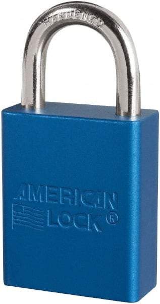 American Lock - Keyed Different Conductive Lockout Padlock - 1" Shackle Clearance, 1/4" Shackle Diam, 1.8" Body Height x 3/4" Body Width, Blue, 6 Pins - USA Tool & Supply