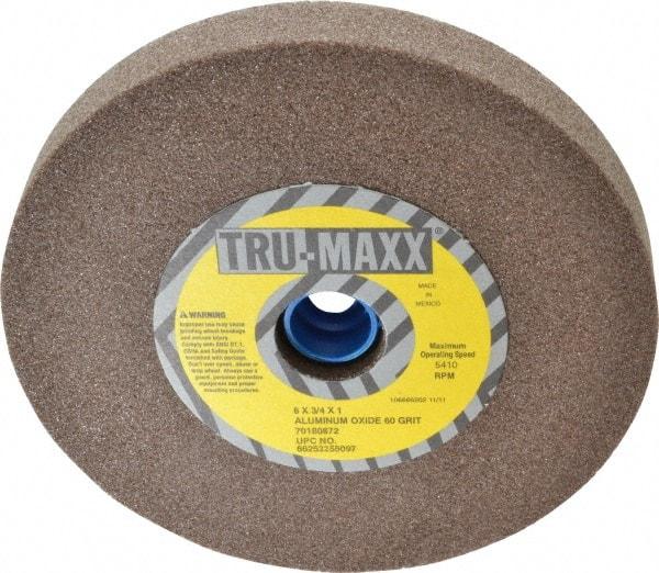 Tru-Maxx - 60 Grit Aluminum Oxide Bench & Pedestal Grinding Wheel - 6" Diam x 1" Hole x 3/4" Thick, 5410 Max RPM, O Hardness, Medium Grade , Vitrified Bond - USA Tool & Supply
