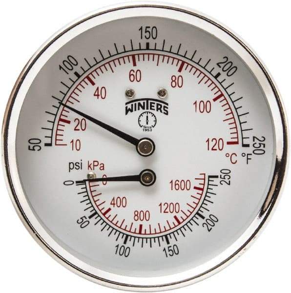 Winters - 3" Dial, 1/2 Thread, 0-250 Scale Range, Pressure Gauge - Center Back Connection Mount, Accurate to 0.03% of Scale - USA Tool & Supply