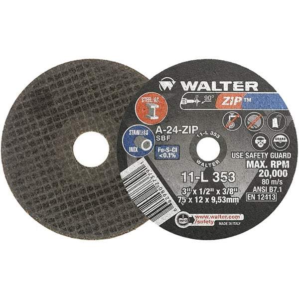 WALTER Surface Technologies - 3" 24 Grit Aluminum Oxide Cutoff Wheel - 1/2" Thick, 3/8" Arbor, 25,470 Max RPM, Use with Die Grinders - USA Tool & Supply
