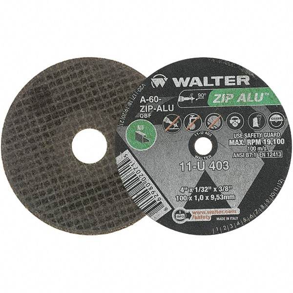 WALTER Surface Technologies - 4" 60 Grit Aluminum Oxide Cutoff Wheel - 1/32" Thick, 3/8" Arbor, 19,100 Max RPM, Use with Angle Grinders - USA Tool & Supply