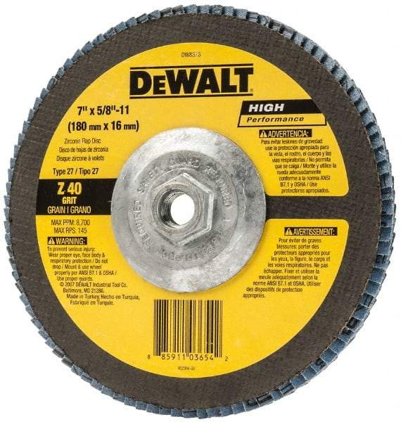 DeWALT - 40 Grit, 7" Disc Diam, 5/8-11 Center Hole, Type 27 Zirconia Alumina Flap Disc - 8,700 Max RPM, Fiberglass Backing, Arbor Attaching System, Coated - USA Tool & Supply