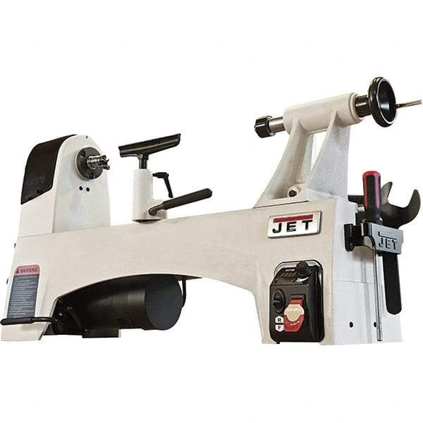 Jet - 24 Position, 12-1/2" Swing, 20-1/2" Distance Between Center, Cast Iron Woodworking Lathe - 2MT Head/Tailstock, 3/8" Spindle Hole, 3" Face Plate, 60 to 3,600 RPM, 2" Quill Travel - USA Tool & Supply