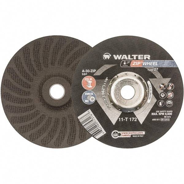 WALTER Surface Technologies - 30 Grit, 7" Wheel Diam, 1/16" Wheel Thickness, 7/8" Arbor Hole, Type 27 Depressed Center Wheel - Aluminum Oxide, Resinoid Bond, 8,600 Max RPM - USA Tool & Supply
