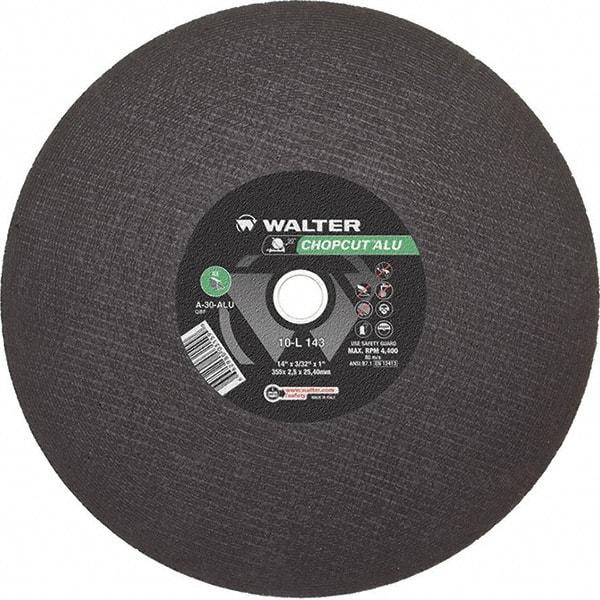 WALTER Surface Technologies - 14" 30 Grit Aluminum Oxide Cutoff Wheel - 3/32" Thick, 1" Arbor, 4,400 Max RPM, Use with Chop Saws - USA Tool & Supply