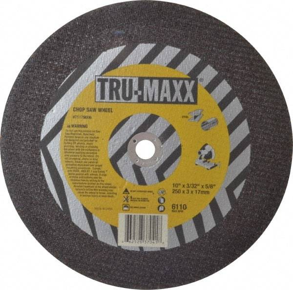 Tru-Maxx - 10" 36 Grit Aluminum Oxide Cutoff Wheel - 3/32" Thick, 5/8" Arbor, 6,112 Max RPM, Use with Stationary Tools - USA Tool & Supply