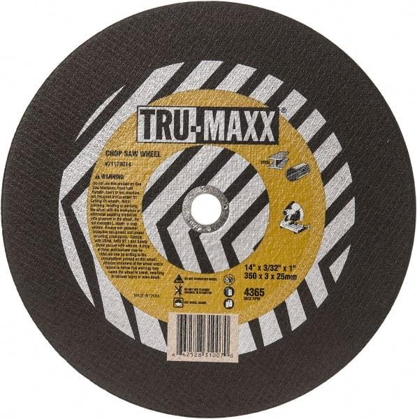 Tru-Maxx - 14" 36 Grit Aluminum Oxide Cutoff Wheel - 3/32" Thick, 1" Arbor, 4,365 Max RPM, Use with Chop Saws - USA Tool & Supply