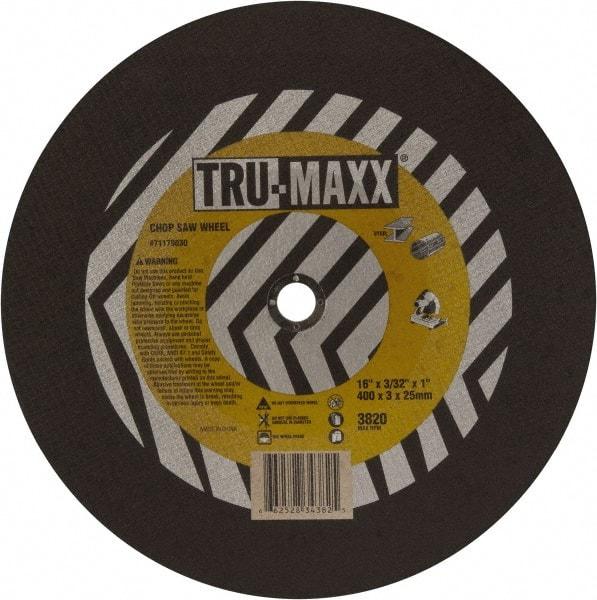 Tru-Maxx - 16" 36 Grit Aluminum Oxide Cutoff Wheel - 7/64" Thick, 1" Arbor, 3,820 Max RPM, Use with Chop Saws - USA Tool & Supply