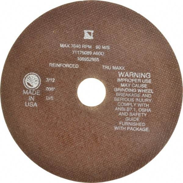 Tru-Maxx - 8" 60 Grit Aluminum Oxide Cutoff Wheel - 0.035" Thick, 1-1/4" Arbor, 7,639 Max RPM, Use with Stationary Tools - USA Tool & Supply