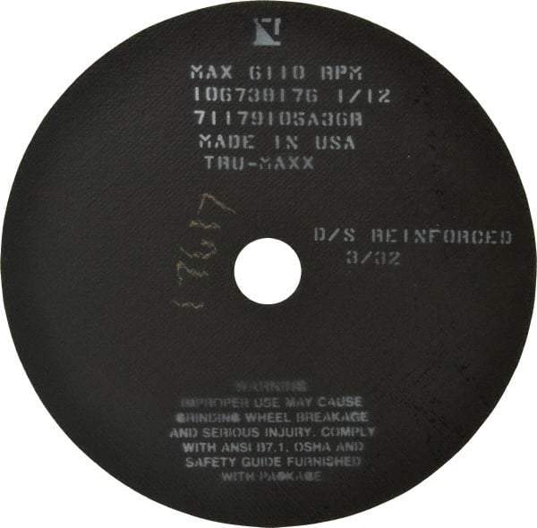 Tru-Maxx - 10" 36 Grit Aluminum Oxide Cutoff Wheel - 3/32" Thick, 1-1/4" Arbor, 6,112 Max RPM, Use with Stationary Tools - USA Tool & Supply