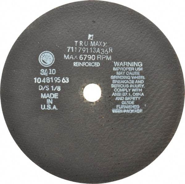 Tru-Maxx - 9" 36 Grit Aluminum Oxide Cutoff Wheel - 1/8" Thick, 7/8" Arbor, 6,791 Max RPM, Use with Angle Grinders - USA Tool & Supply