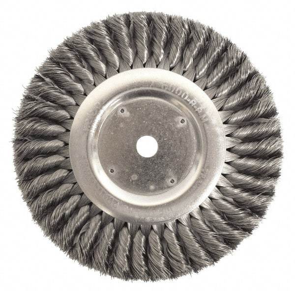 Weiler - 10" OD, 3/4" Arbor Hole, Knotted Steel Wheel Brush - 3/4" Face Width, 1-3/4" Trim Length, 0.014" Filament Diam, 4,500 RPM - USA Tool & Supply