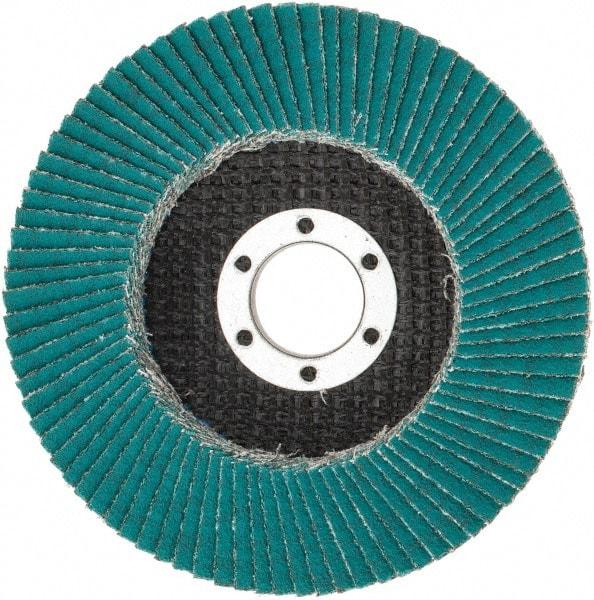 3M - 80 Grit, 4-1/2" Disc Diam, 7/8" Center Hole, Type 27 Zirconia Alumina Flap Disc - 13,300 Max RPM, Cloth Backing, Arbor Attaching System, Coated - USA Tool & Supply