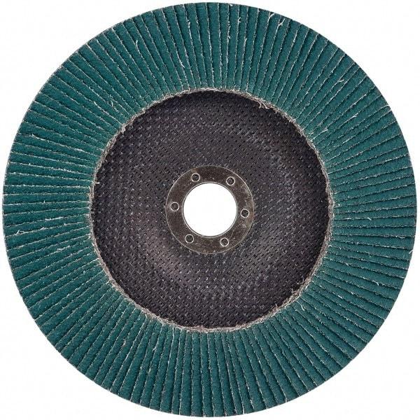 3M - 80 Grit, 7" Disc Diam, 5/8-11 Center Hole, Type 27 Zirconia Alumina Flap Disc - 8,600 Max RPM, Cloth Backing, Arbor Attaching System, Coated - USA Tool & Supply