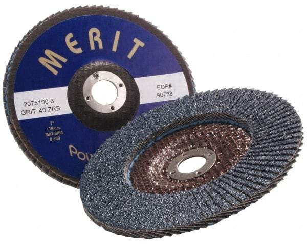 Merit Abrasives - 36 Grit, 5" Disc Diam, 7/8" Center Hole, Type 27 Zirconia Alumina Flap Disc - 12,000 Max RPM, Fiberglass Backing, Arbor Attaching System, Coated - USA Tool & Supply