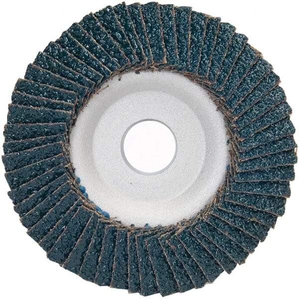 Merit Abrasives - 36 Grit, 4-1/2" Disc Diam, 7/8" Center Hole, Type 29 Zirconia Alumina Flap Disc - 13,300 Max RPM, Aluminum Backing, Arbor Attaching System, Coated - USA Tool & Supply