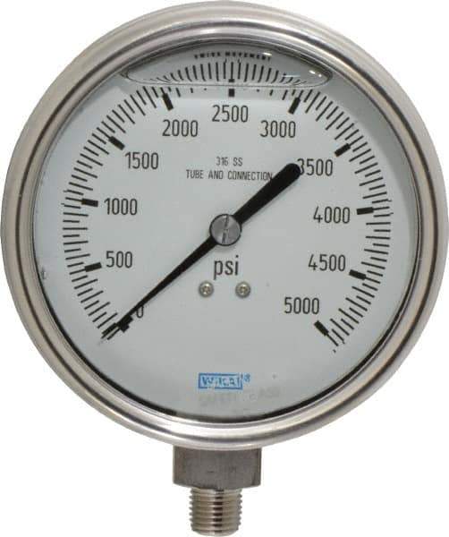 Wika - 4" Dial, 1/4 Thread, 0-5,000 Scale Range, Pressure Gauge - Lower Connection Mount, Accurate to 1% of Scale - USA Tool & Supply