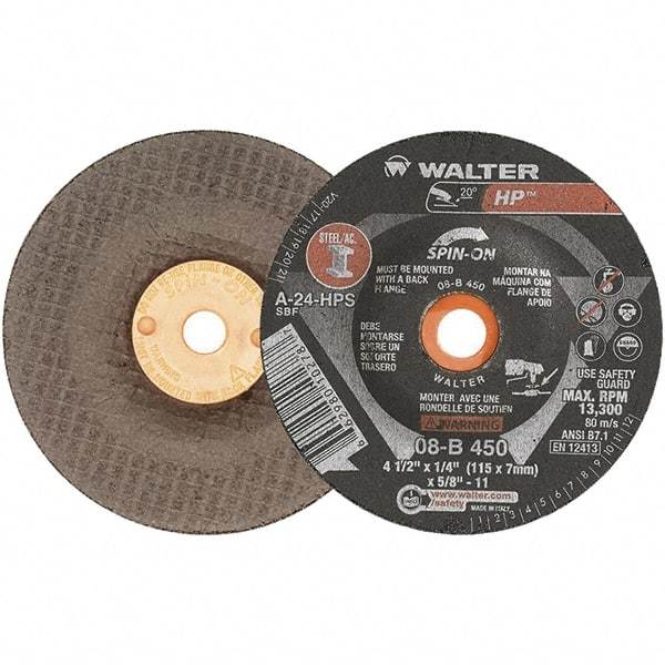 WALTER Surface Technologies - 24 Grit, 7" Wheel Diam, 1/4" Wheel Thickness, Type 27 Depressed Center Wheel - Aluminum Oxide, 8,600 Max RPM - USA Tool & Supply