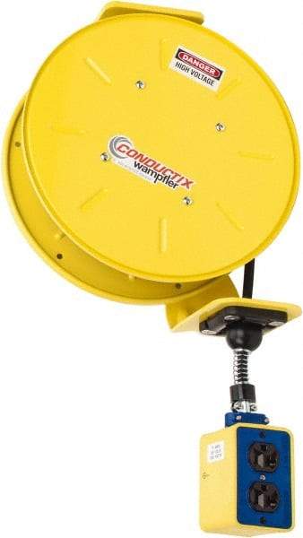 Conductix - 16 AWG, 50' Cable Length, Cord & Cable Reel with Outlet End - 3 Outlets, NEMA 5-15R, 10 Amps, 125 Volts, SOOW-A Cable, Yellow Reel, Spring Driven Reel - USA Tool & Supply