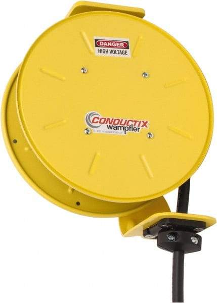 Conductix - 14 AWG, 20' Cable Length, Cord & Cable Reel with Bare End - 4 Outlets, NEMA 5-15R, 12 Amps, SEOW-A Cable, Yellow Reel, Spring Driven Reel - USA Tool & Supply