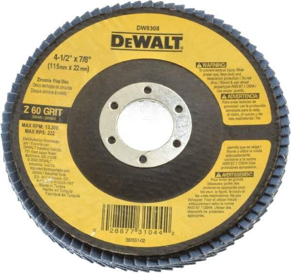 DeWALT - 60 Grit, 4-1/2" Disc Diam, 7/8" Center Hole, Type 29 Zirconia Alumina Flap Disc - 13,300 Max RPM, Fiberglass Backing, Arbor Attaching System, Coated - USA Tool & Supply