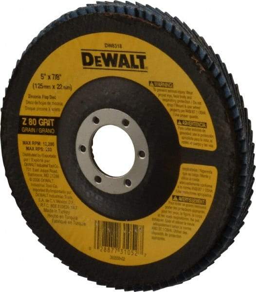 DeWALT - 80 Grit, 5" Disc Diam, 7/8" Center Hole, Type 29 Zirconia Alumina Flap Disc - 12,200 Max RPM, Fiberglass Backing, Arbor Attaching System, Coated - USA Tool & Supply