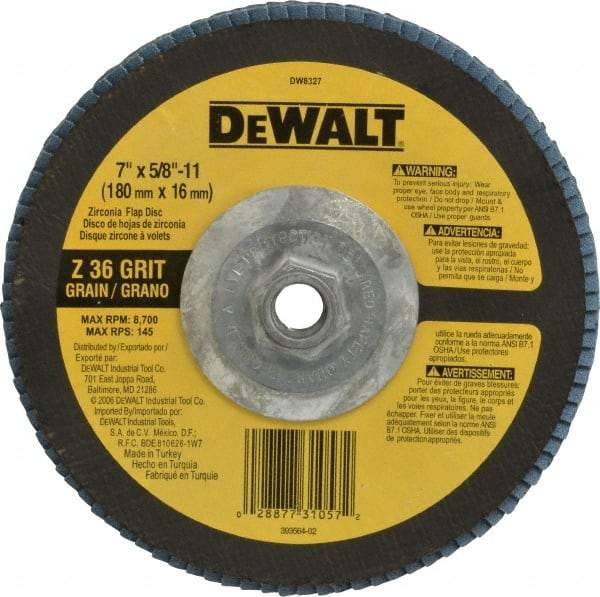 DeWALT - 36 Grit, 7" Disc Diam, 5/8-11 Center Hole, Type 29 Zirconia Alumina Flap Disc - 8,700 Max RPM, Fiberglass Backing, Arbor Attaching System, Coated - USA Tool & Supply