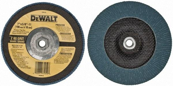 DeWALT - 80 Grit, 7" Disc Diam, 5/8-11 Center Hole, Type 29 Zirconia Alumina Flap Disc - 8,700 Max RPM, Fiberglass Backing, Arbor Attaching System, Coated - USA Tool & Supply